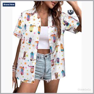 Western Cowgirl Button Down Shirt Short Sleeve V-Neck Rodeo Top